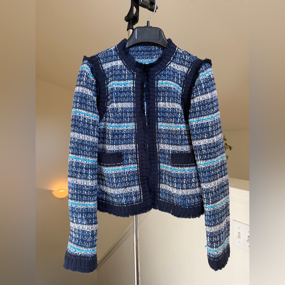 Tory Burch Textured Tweed Blazer Jacket Normandy Navy Blue Jacket Size 2 READ